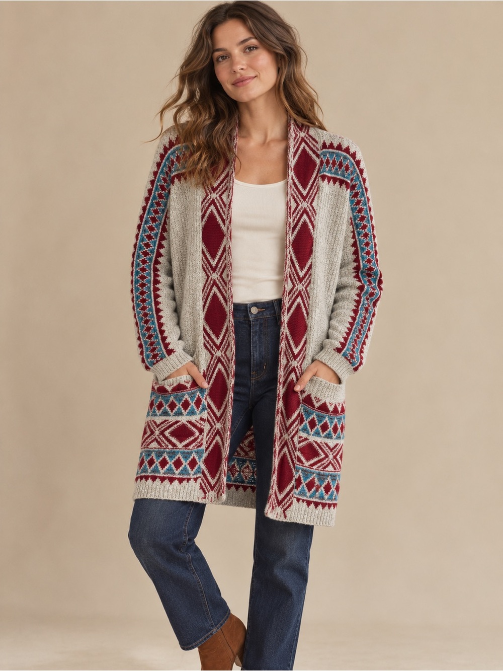 Lucky Brand Gray Open-Front Cardigan with Burgundy & Teal Fair Isle Accents M